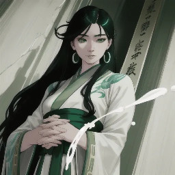 ... long black hair half-up with pearl hairpins and dangling earrings, wearing pale green-grey layered hanfu with white inner robe, intricate silver embroidery, dark green sash with jade and pearl ornaments, one hand gently touching hair strand, graceful pose, faint ancient building silhouette at bottom, red seal "劉重潤"...