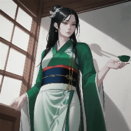 ... long black hair half-up with pearl hairpins and dangling earrings, wearing pale green-grey layered hanfu with white inner robe, intricate silver embroidery, dark green sash with jade and pearl ornaments, one hand gently touching hair strand, graceful pose, faint ancient building silhouette at bottom, red seal "劉重潤"...