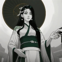... long black hair half-up with pearl hairpins and dangling earrings, wearing pale green-grey layered hanfu with white inner robe, intricate silver embroidery, dark green sash with jade and pearl ornaments, one hand gently touching hair strand, graceful pose, faint ancient building silhouette at bottom, red seal "劉重潤"...