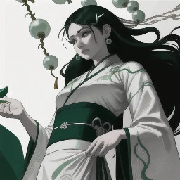 ... long black hair half-up with pearl hairpins and dangling earrings, wearing pale green-grey layered hanfu with white inner robe, intricate silver embroidery, dark green sash with jade and pearl ornaments, one hand gently touching hair strand, graceful pose, faint ancient building silhouette at bottom, red seal "劉重潤"...